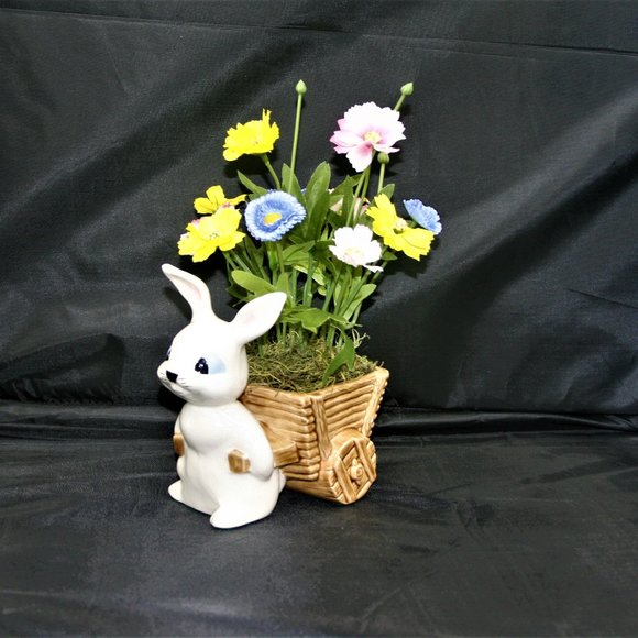 Vintage Bunny Rabbit and Cart Vase with Florals - Picture 1 of 8